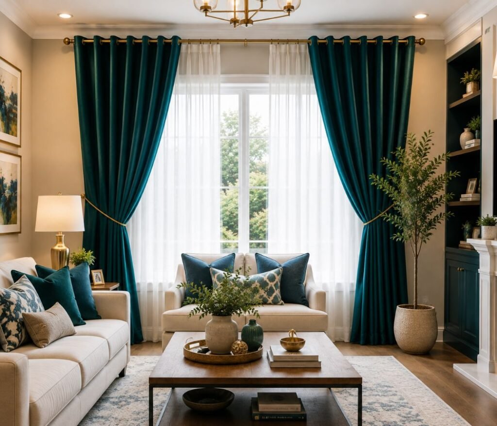 bold color curtains creating a living room focal point