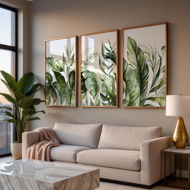 “Botanical wall art with green leaf patterns enhancing natural and fresh living room decor”