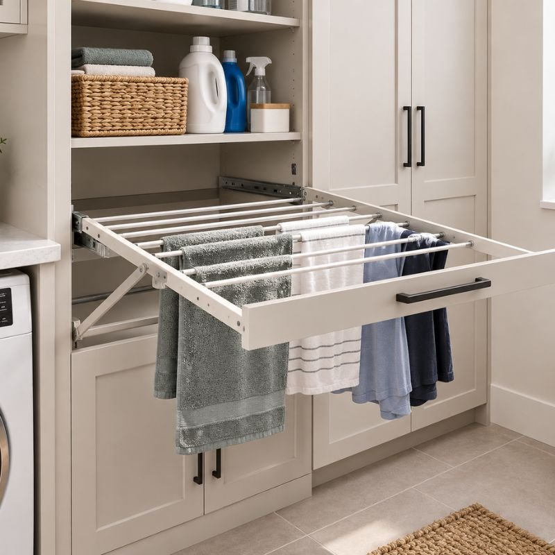 built-in drying rack inside laundry room cabinets