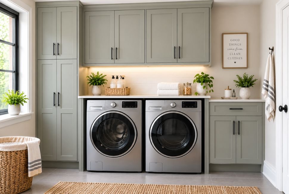 upper storage installed above front load appliances