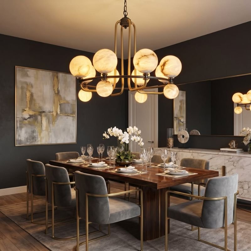 Warm white LED bulbs used in a dining room chandelier