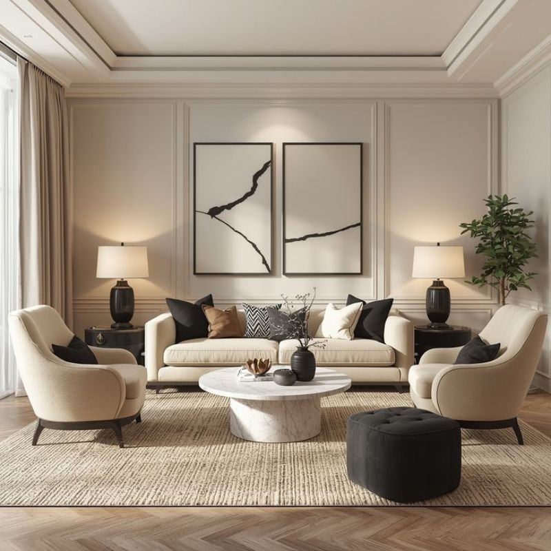“Classic living room table set with matching coffee table and end tables beside a sofa”