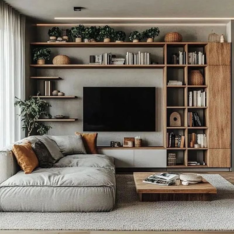 Custom built in shelving compared with ready made living room storage