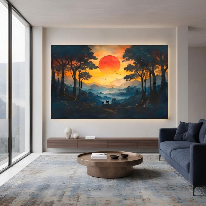 “Cozy living room with calming landscape wall art creating peaceful and relaxing atmosphere”