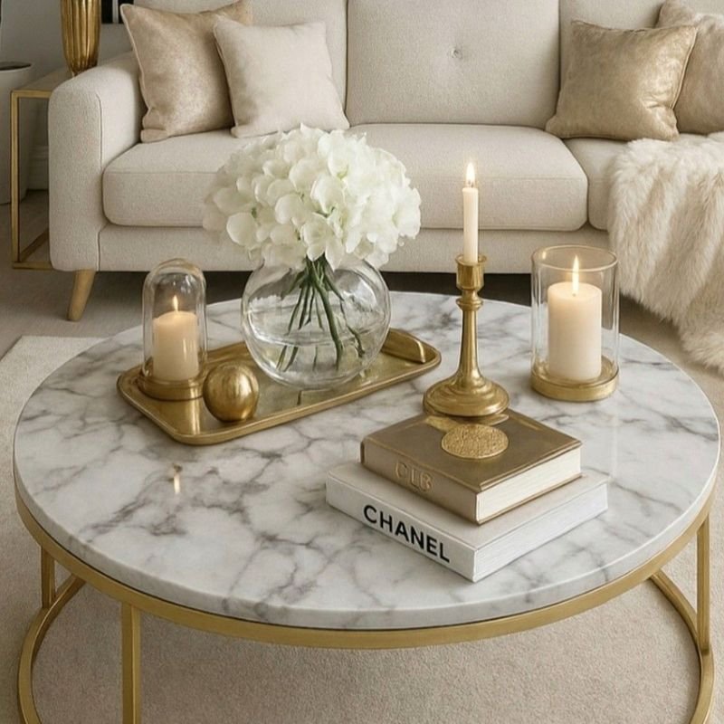 “Professionally styled living room coffee table with decorative accessories”