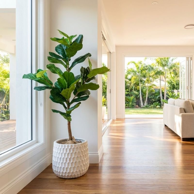 fiddle leaf fig tall indoor plant in bright living room corner