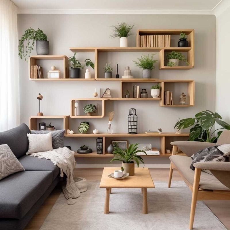 Floating shelves for modern living room storage and decor