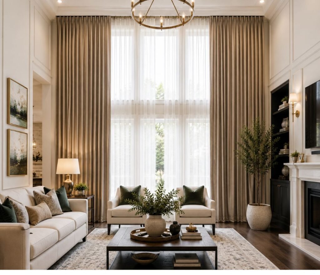 floor length curtains hung near the ceiling