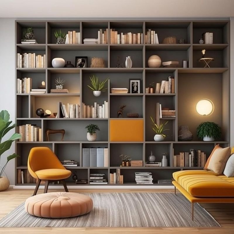 Floor to ceiling built in shelving for elegant living room storage