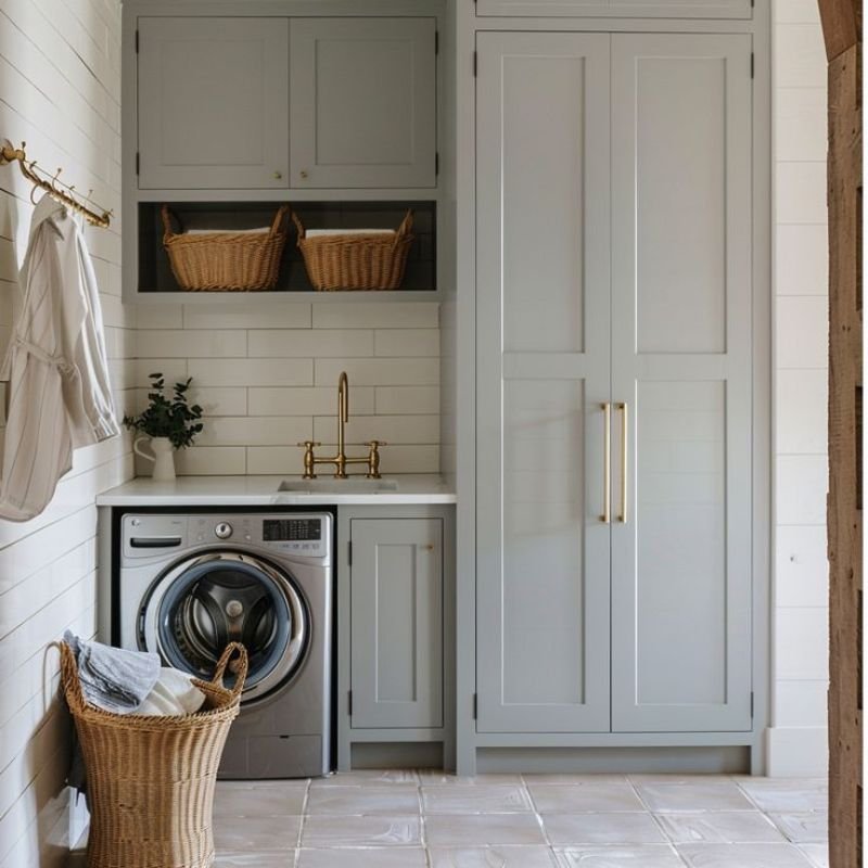 Floor to ceiling laundry room cabinets maximizing vertical storage
