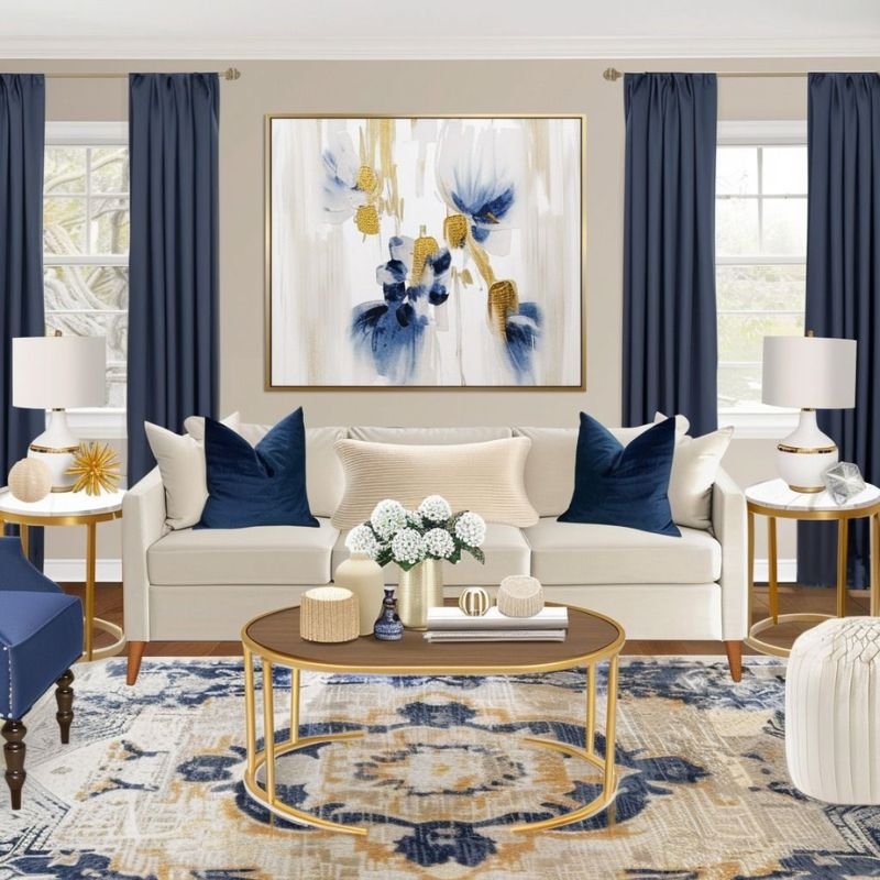 “Large statement wall art placed above sofa acting as focal point in modern living room design”