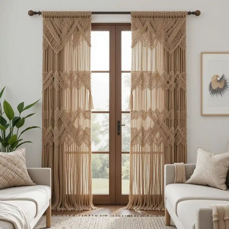 “Bohemian macramé curtains in a cozy living room”