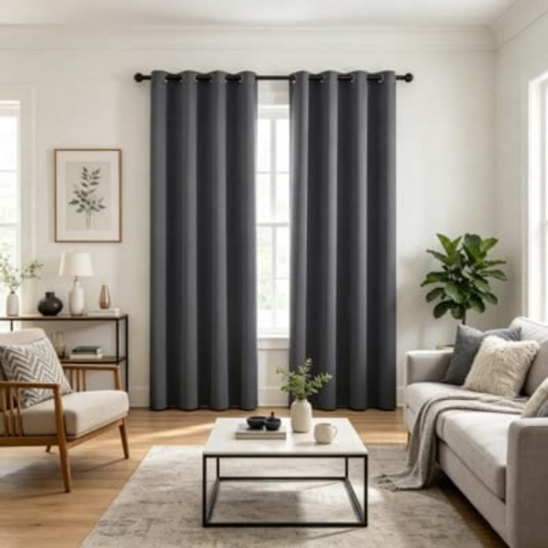 “Minimalist living room with modern grommet top curtains”
