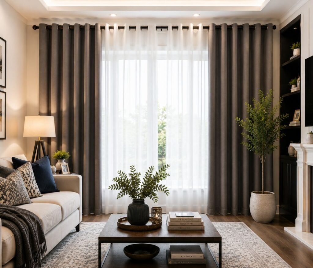 modern grommet top curtains in a minimalist living room
