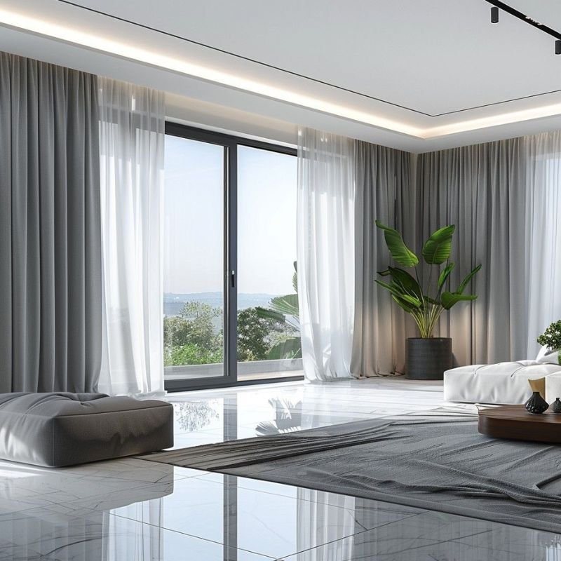 “Floor length curtains hung close to the ceiling in a modern living room”