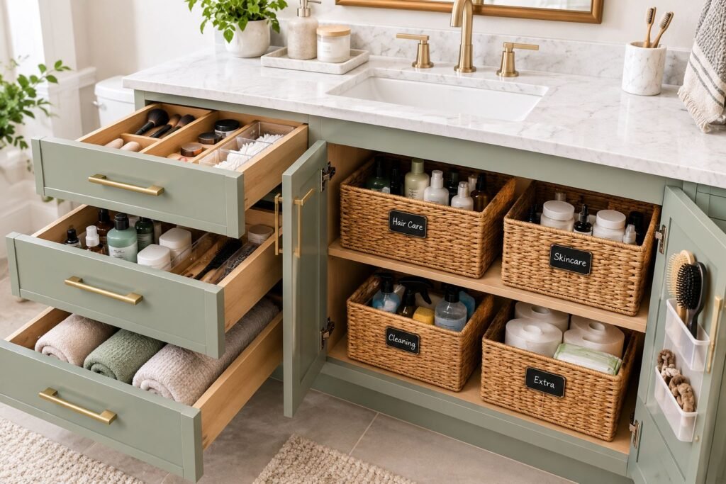 organized storage inside a 30 inch bathroom vanity