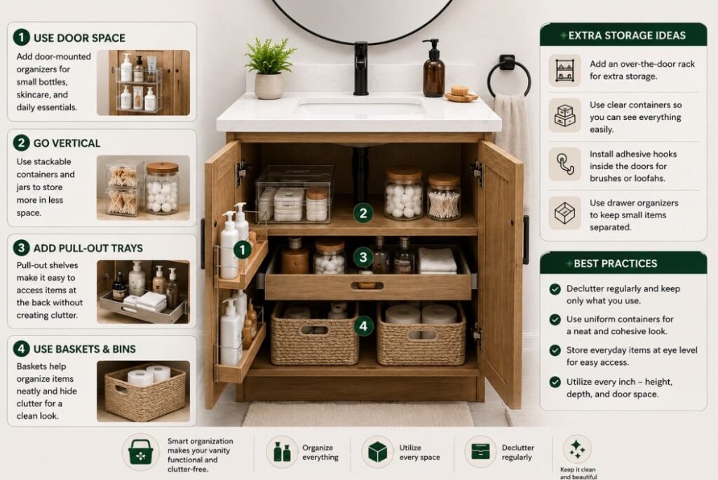 organized storage inside a 24 inch bathroom vanity