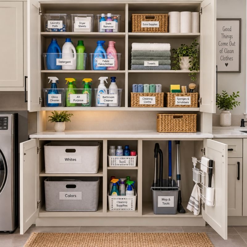 organized laundry room cabinets with labeled storage bins