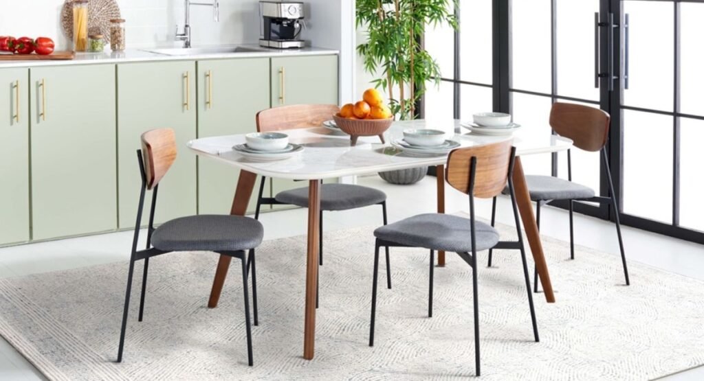 “Elegant dining room with a luxurious Dining Room Rug under a modern wooden table”