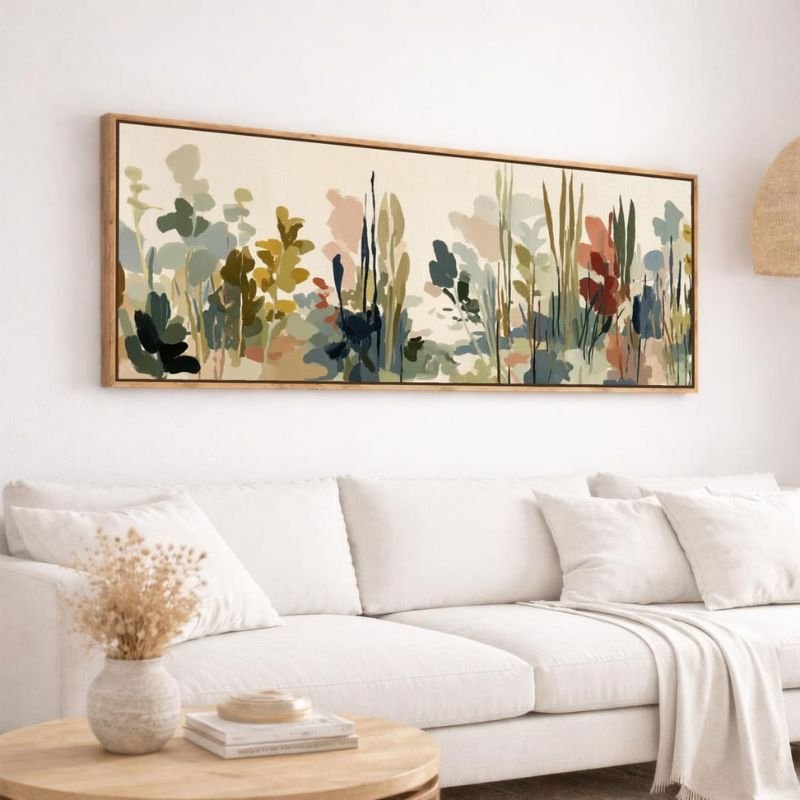 “Large living room artwork properly sized above a modern sofa”