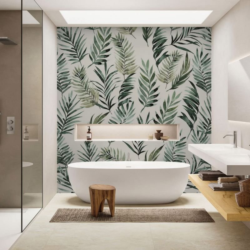 Installing wallpaper in modern bathroom
