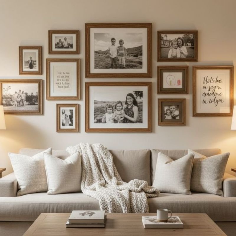 “Gallery wall featuring mixed artwork styles and frame designs”