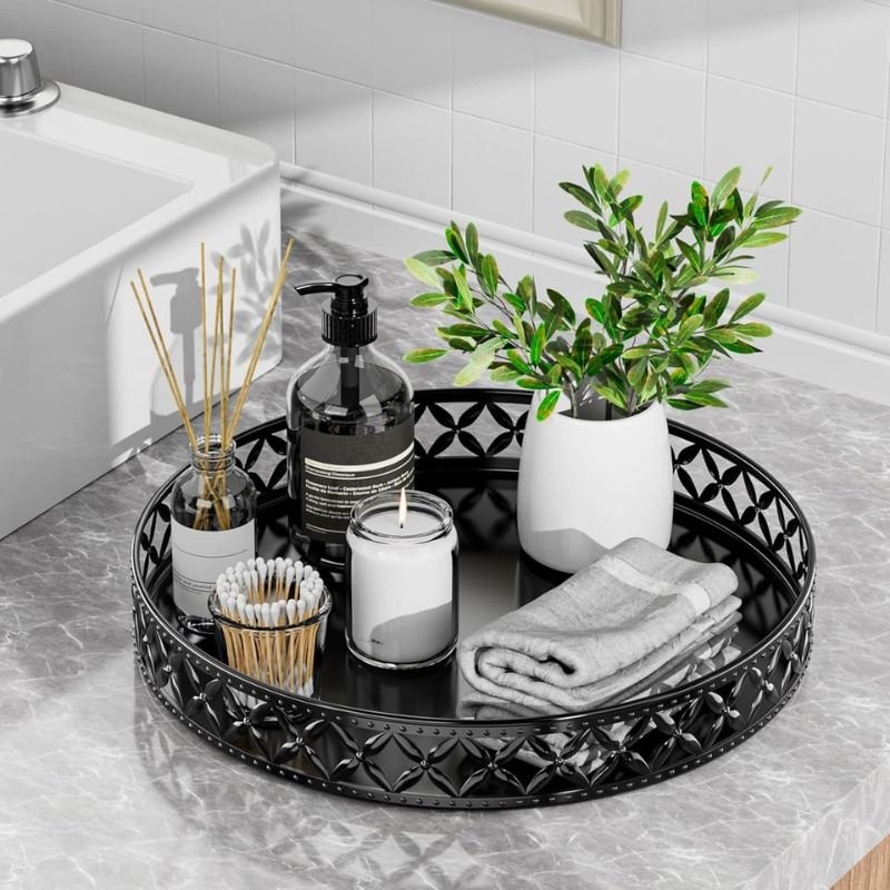 beautifully styled bathroom tray with plant and candles