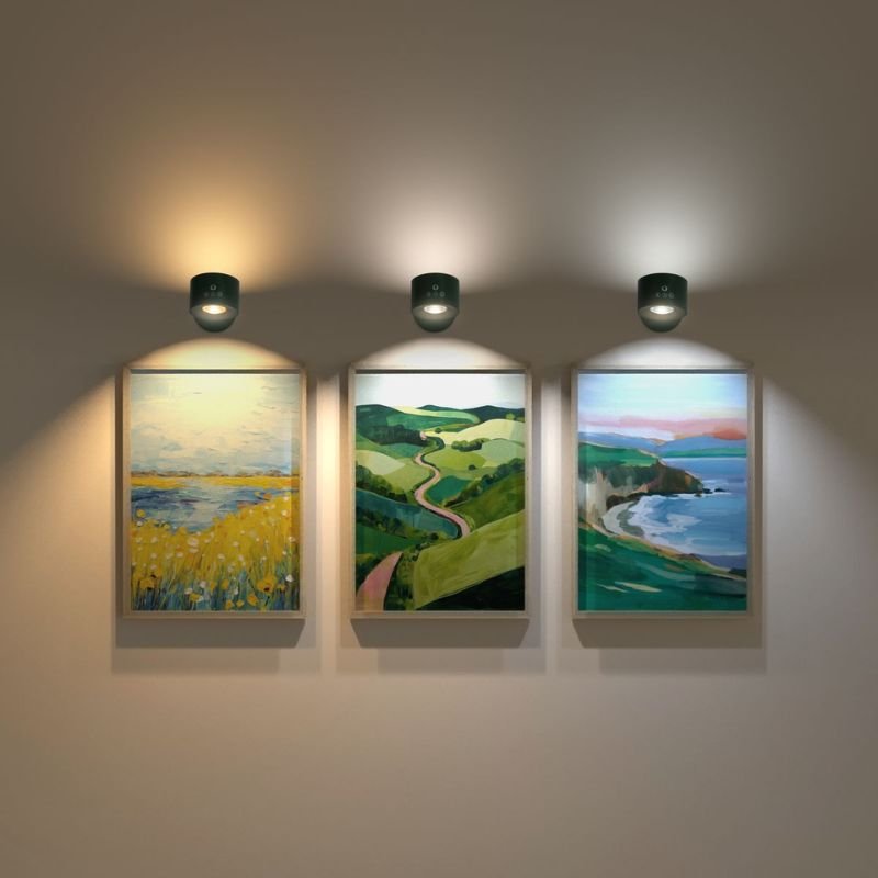 “Wall art illuminated with indoor spotlight lighting enhancing texture and visual depth in living room”