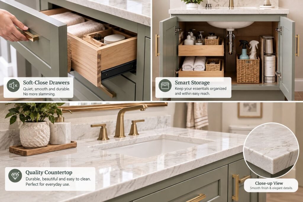 bathroom cabinet with soft close drawers and storage