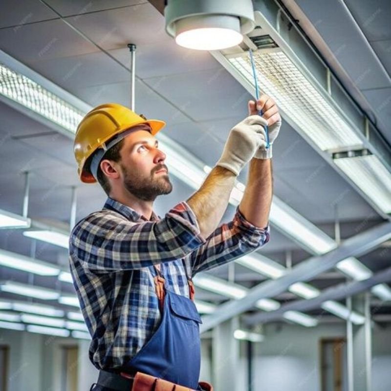 Electrician installing a dining room chandelier safely