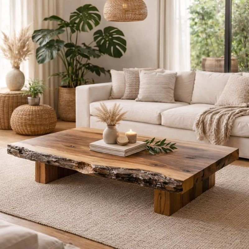 Reclaimed wood coffee table in rustic living room