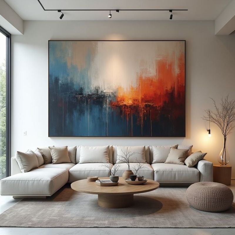 “Gallery wall arrangement with multiple framed artworks creating personalized living room decor display”