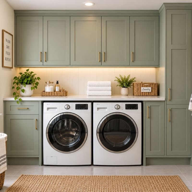 laundry room cabinets with countertop above front load washer and dryer