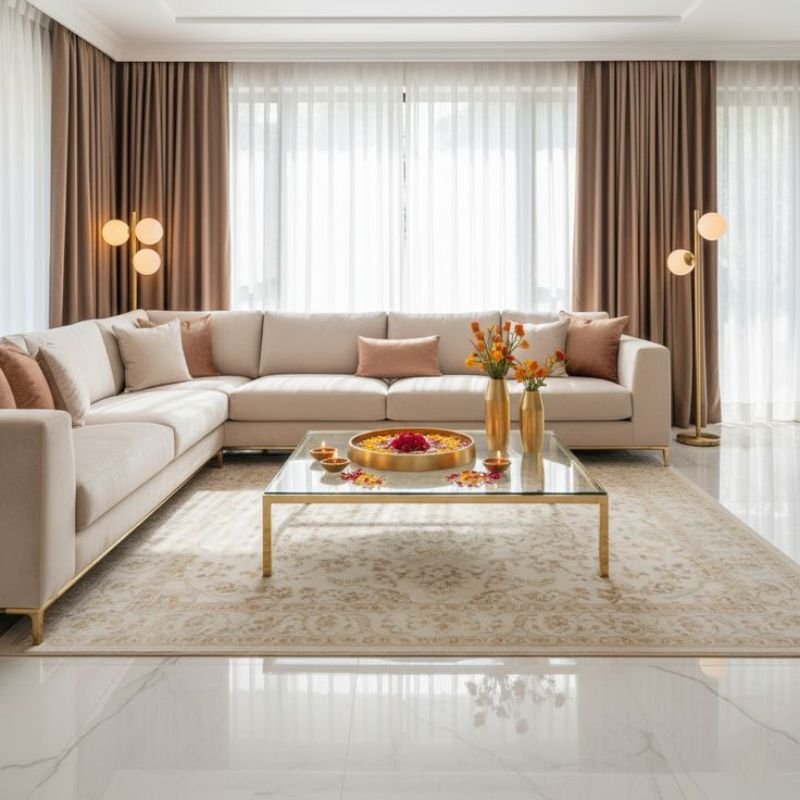 “Layered sheer and blackout curtains in a modern living room”