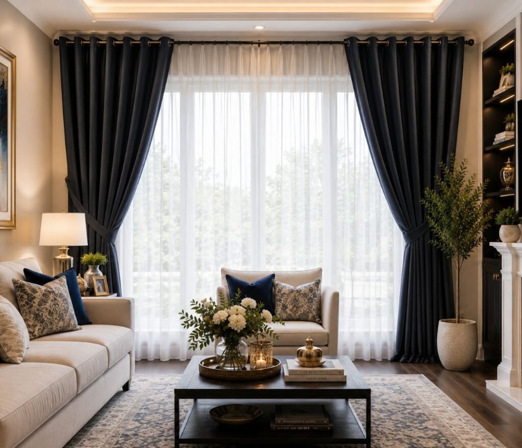 layered sheer and blackout curtains in a living room