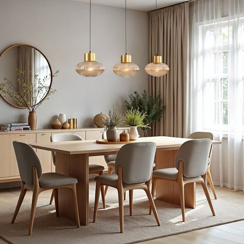 “Dining room pendant lighting ideas above wooden dining table”