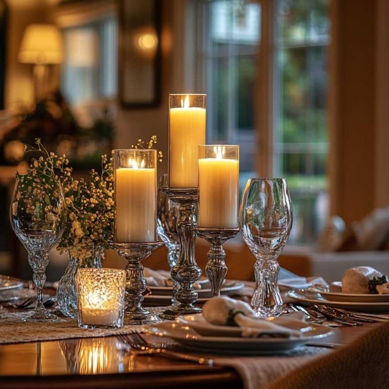 “Warm dining room ambiance with candles and soft sideboard lighting”