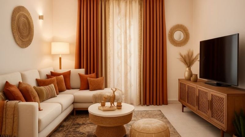 “Natural linen curtains in a Scandinavian style living room”