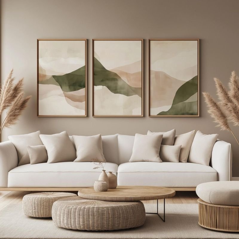 “Proper placement of wall art above a living room couch”