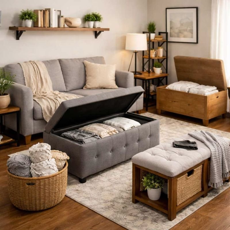 Stylish storage ottoman for living room organization and hidden storage