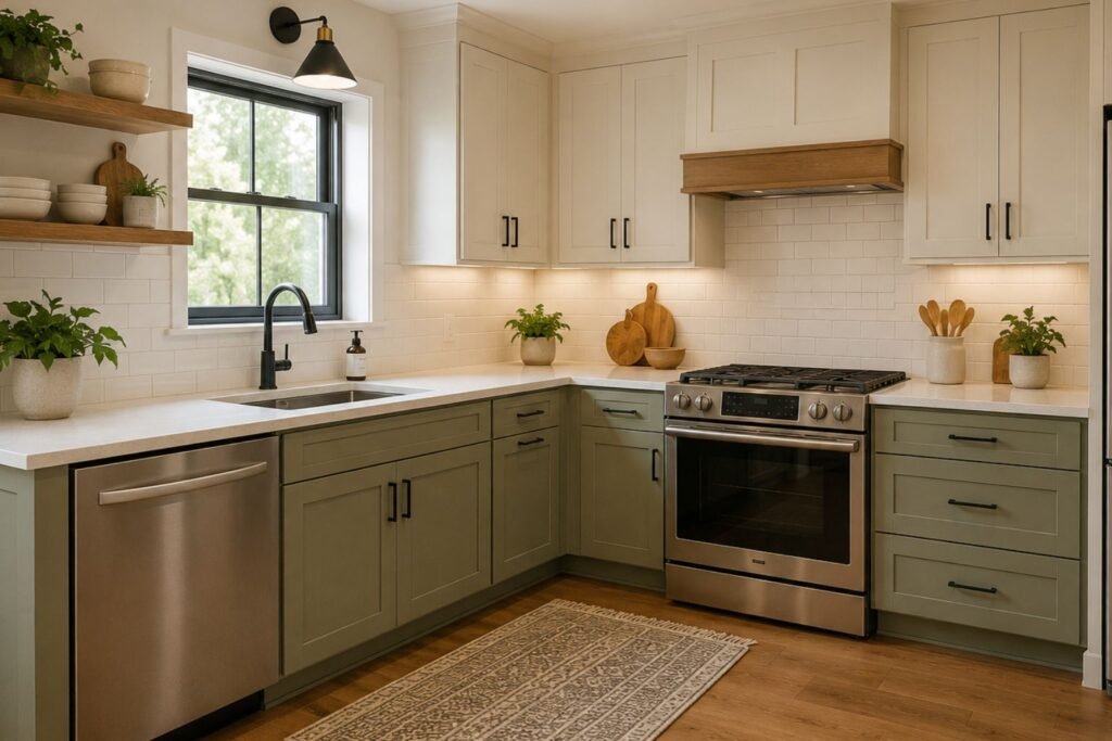 L-shaped kitchen with cabinets and open workspace