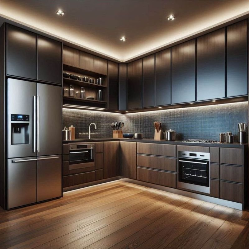 Medium sized L shaped home kitchen with modern decor