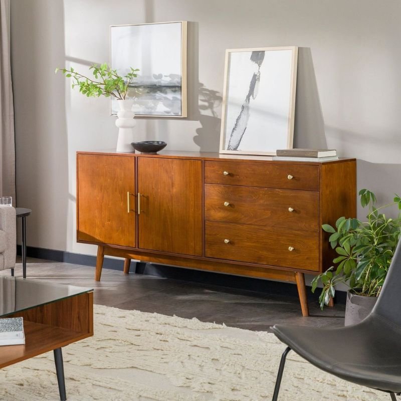 “Mid century modern vintage home decor with walnut furniture”