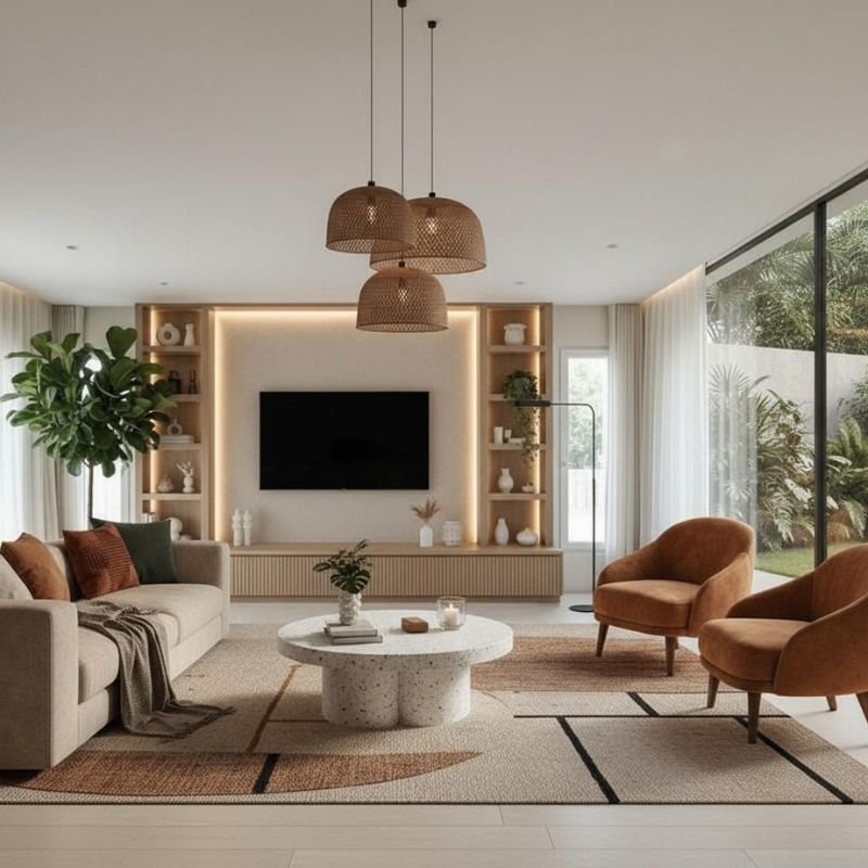 “Minimalist living room featuring simple black line wall art on neutral background interior design”
