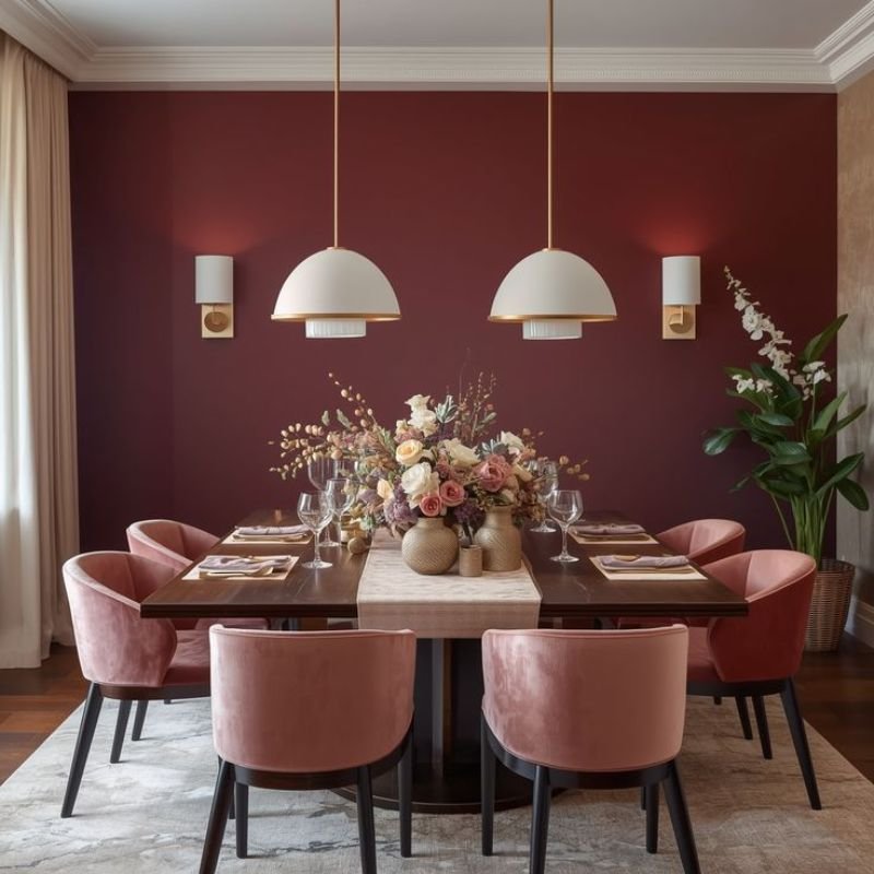 “Earthy dining room decor with forest green walls and warm neutral colors”