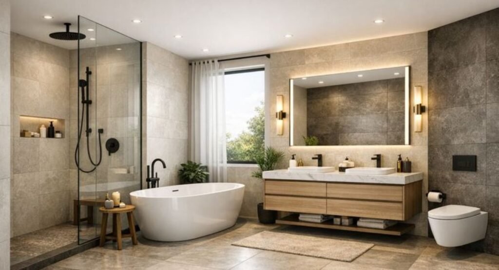 Modern bathroom with large format porcelain tiles