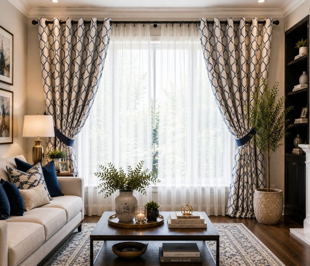 Roman shades with side curtains in a cozy living room