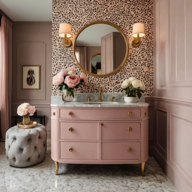 Peel and stick wallpaper being applied in bathroom