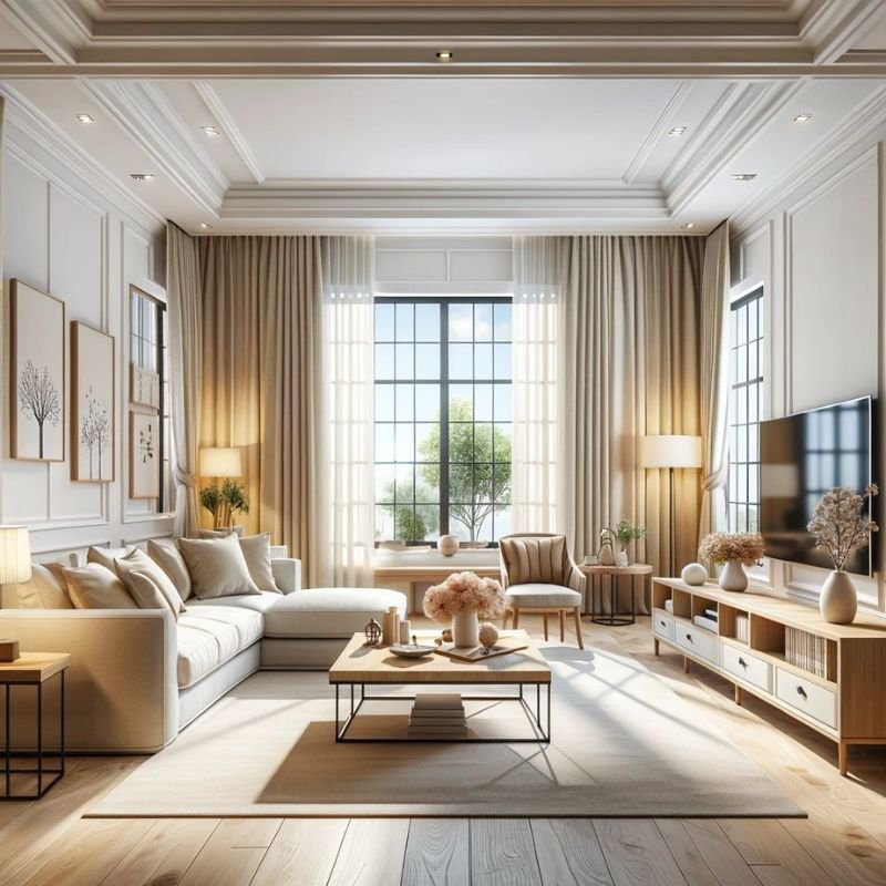 “Neutral colored curtains in a calm elegant living room”