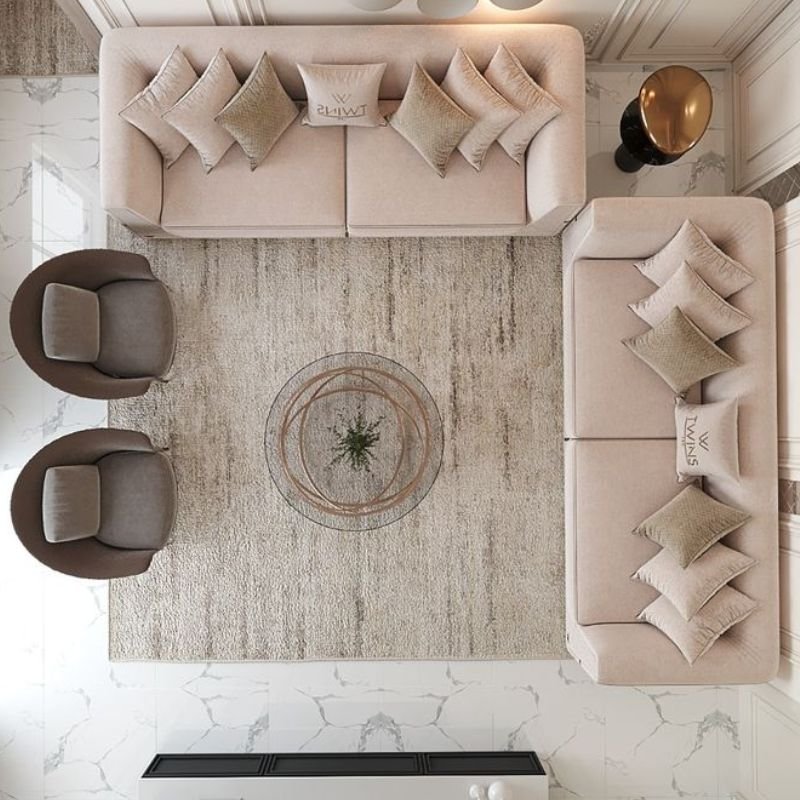 “Wall art positioned at eye level above sofa demonstrating correct interior design placement rules”